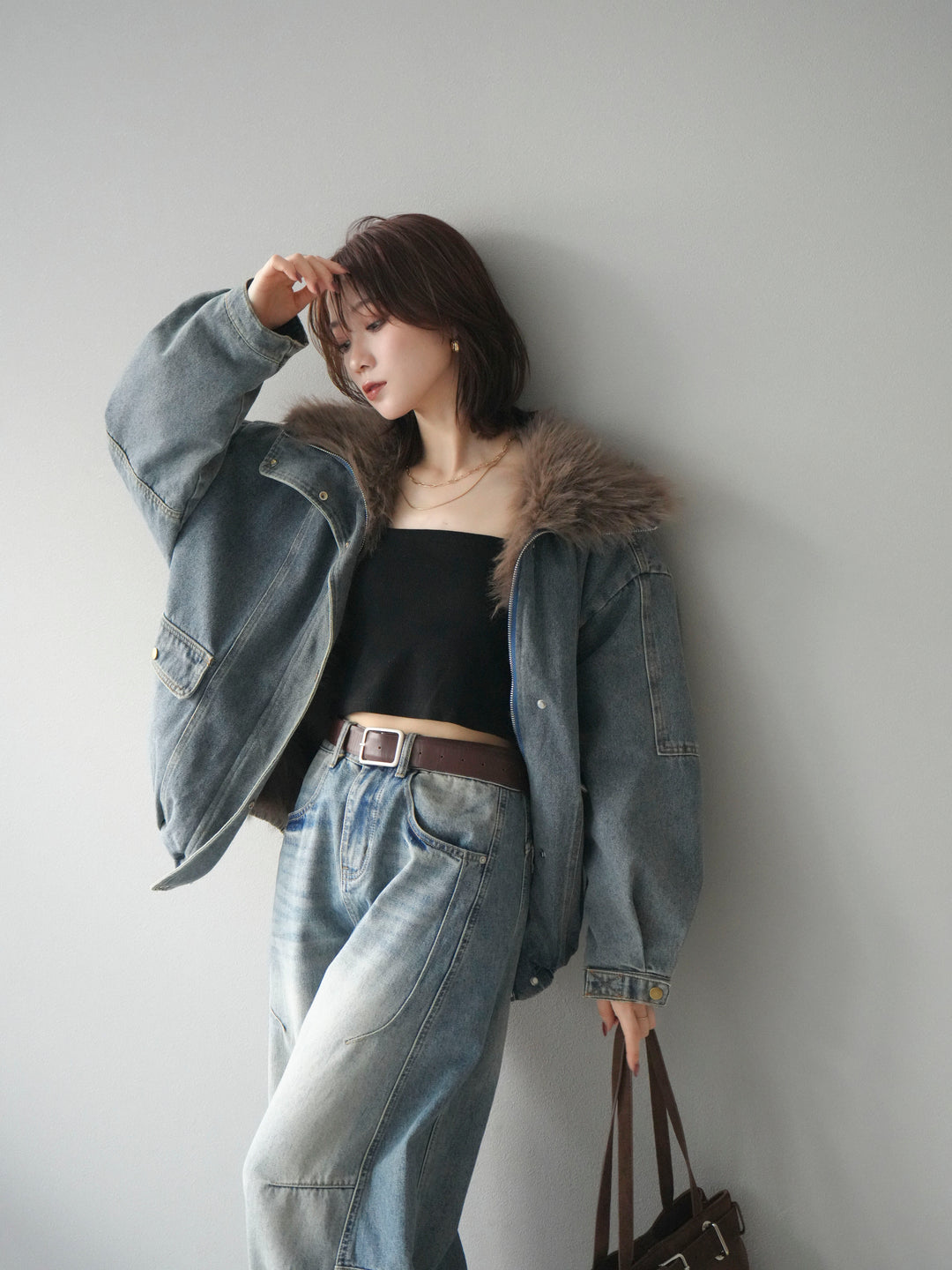 [予約]デニムxファーブルゾン/denimbrown