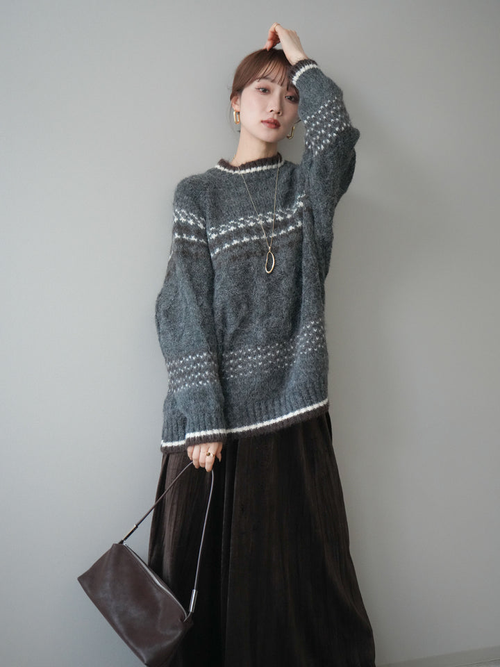 [予約]裾配色ノルディック柄ニットプルオーバー/gray
