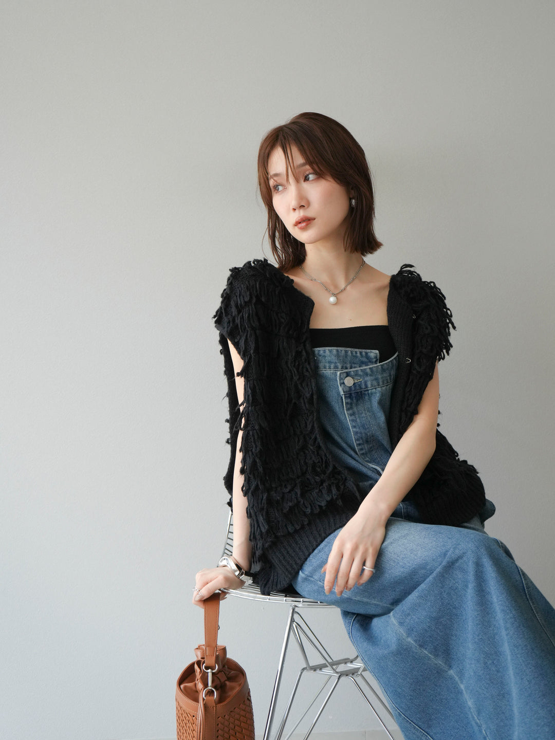 [SET]ループデザインベスト+アシンメトリーデニムワンピース(2set)