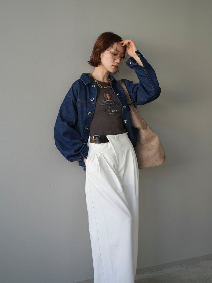 [SET]ラウンドカットコンパクトデニムジャケット+ドッグコンパクトTEE+アシンメトリーベルトタックワイドパンツ(3set)