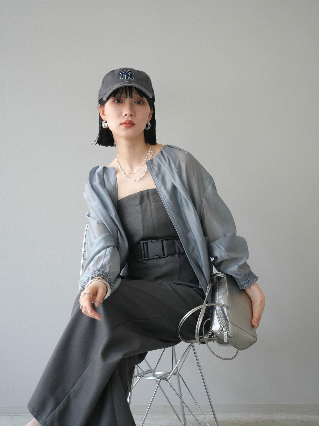 [SET]タックデザインシアーブルゾン+ヘザーツイルベルト付ベアサロペット(2set)