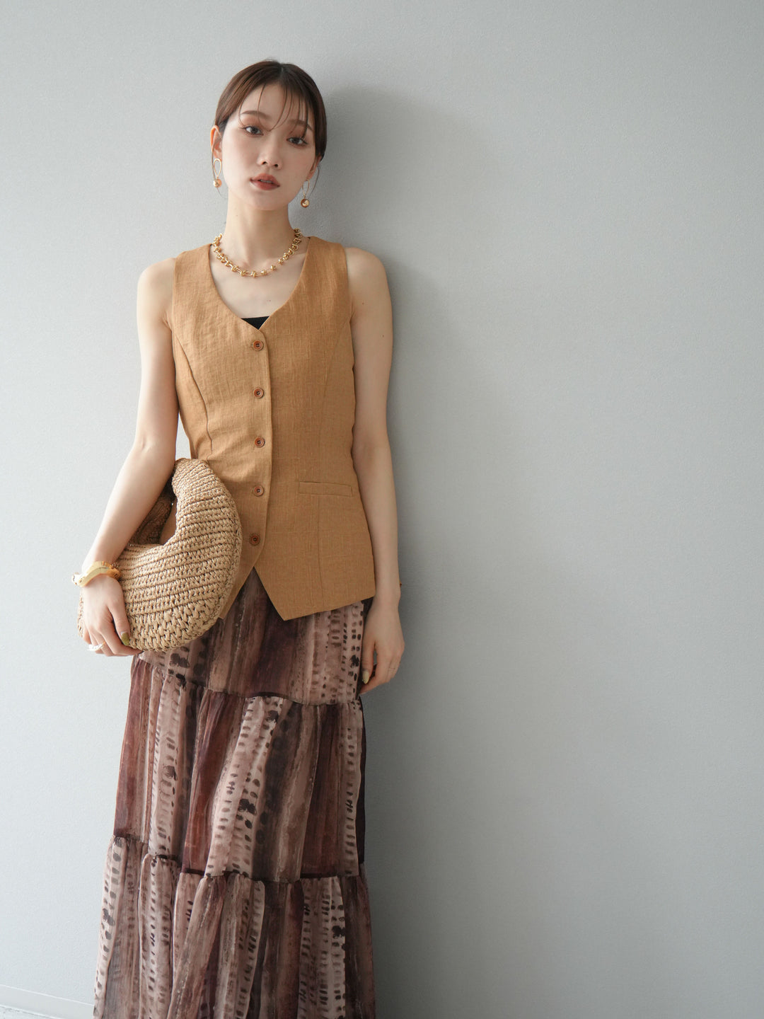 [SET]リネンタッチバックオープンベスト＆ニュアンス柄マキシスカートSET UP(2set)
