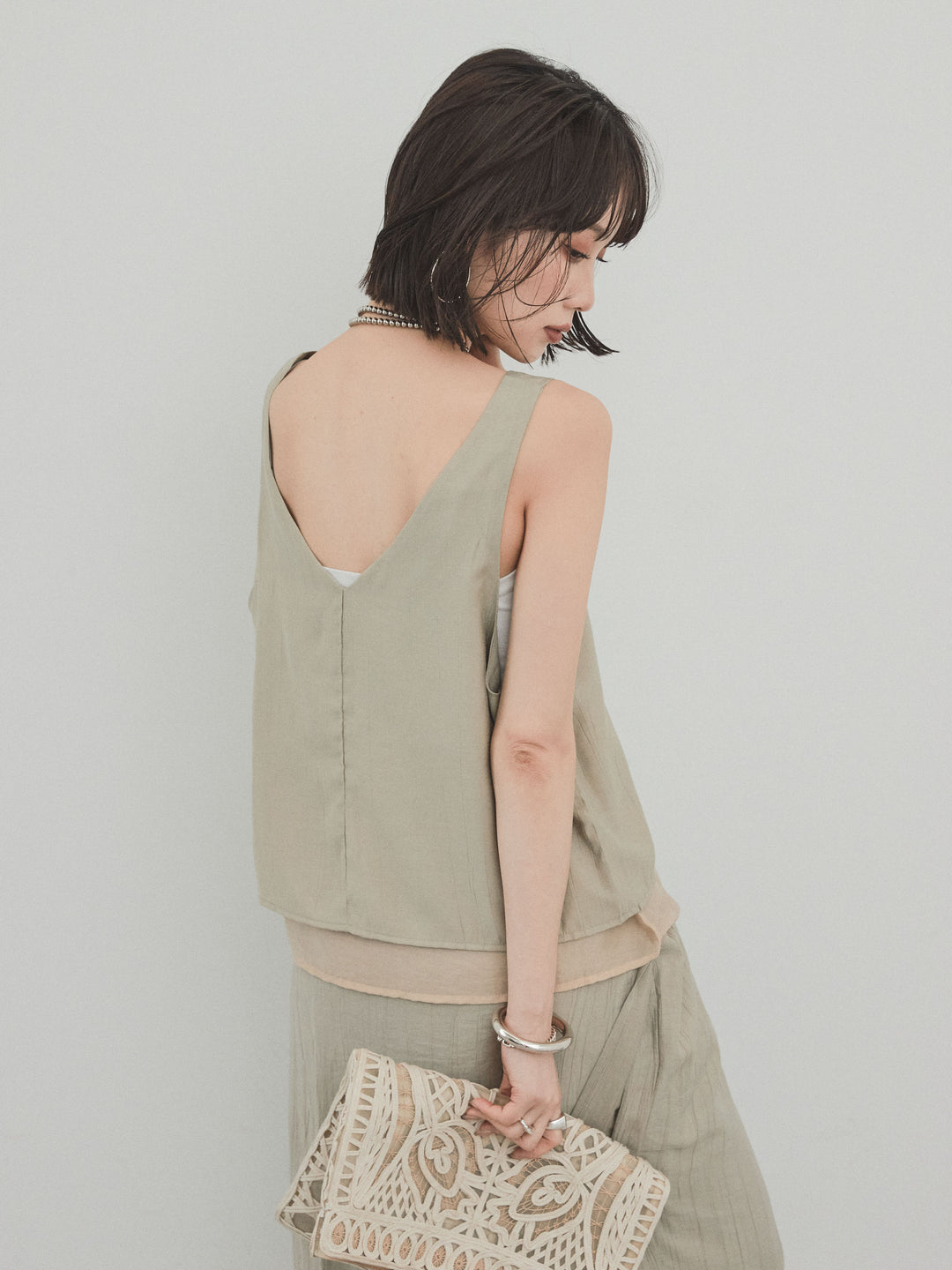 [SET] 洗衣機緞面透明層疊背心 + 洗衣機緞層疊裙褲 (2set)