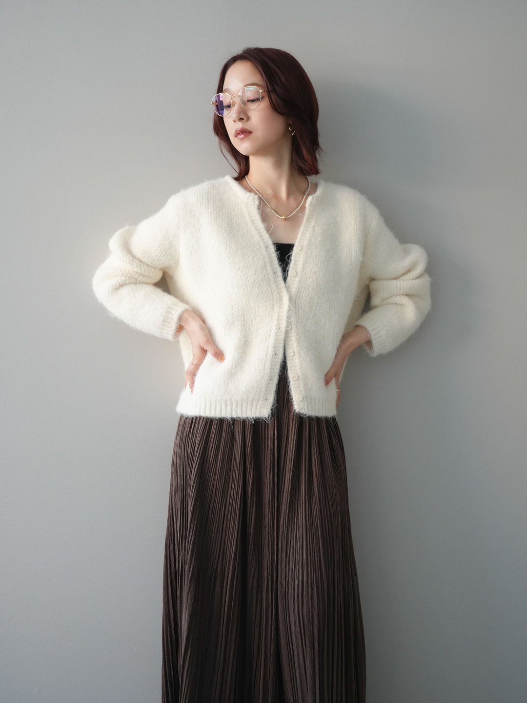 [予約]キーネックシャギーニットカーディガン/ivory