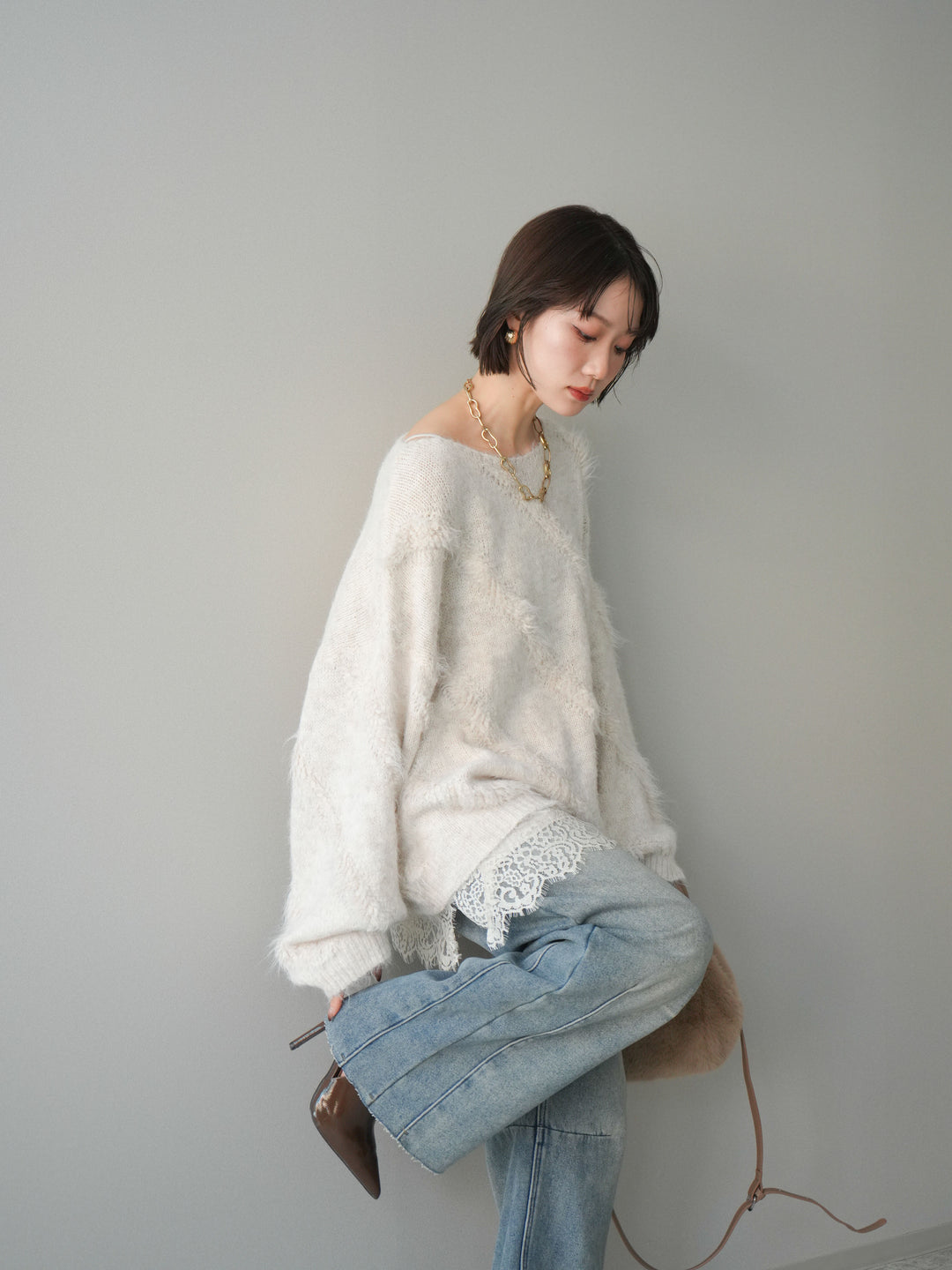 [SET]シャギーデザインニットプルオーバー+選べるアクセセット(2set)