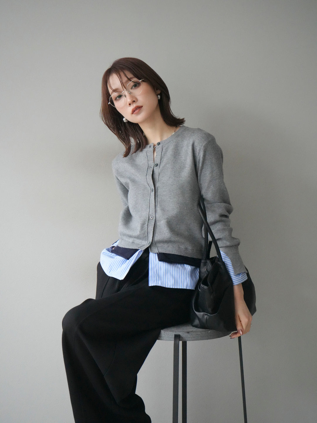 [予約]シャツ襟レイヤードニットカーディガン/gray