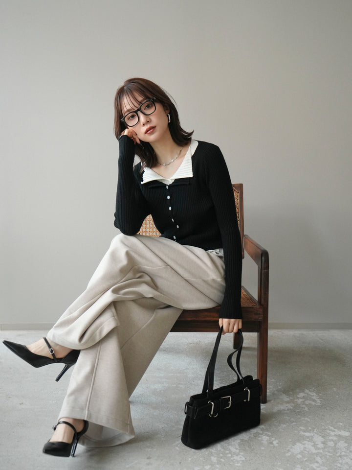 [予約]配色レイヤードリブニットカーディガン/black