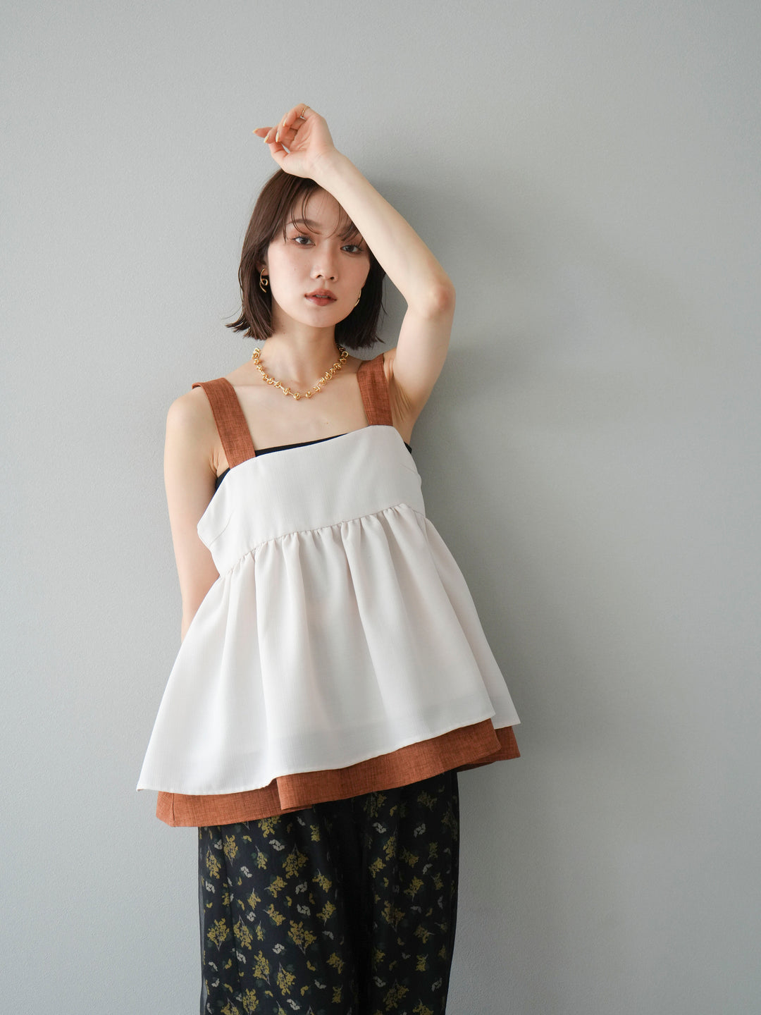 [SET]リネンライク配色フレアタンクトップ+ブーケプリントタックパンツ(2set)