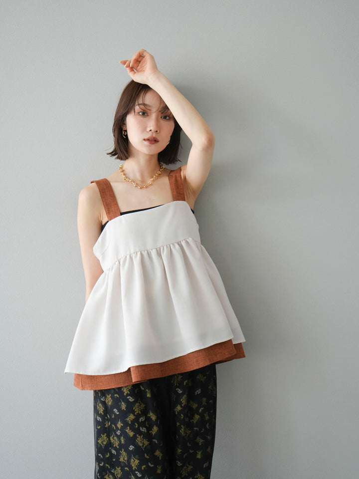 [SET]リネンライク配色フレアタンクトップ+ブーケプリントタックパンツ(2set)