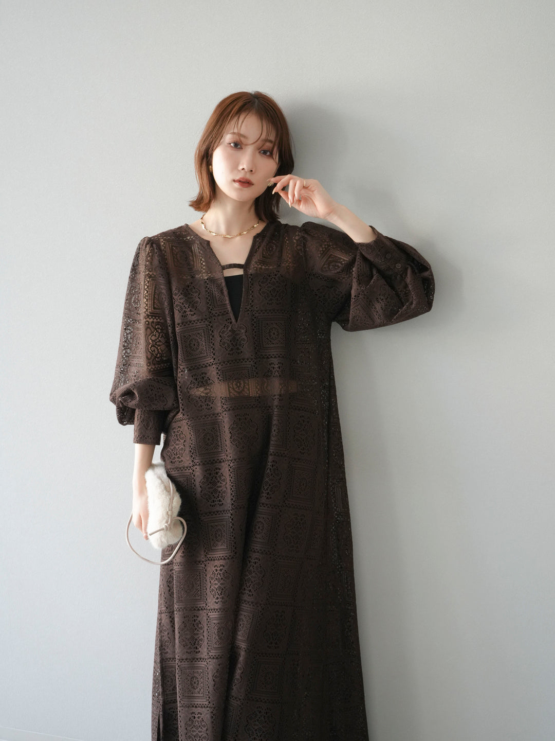 【套裝】塊蕾絲捲袖洋裝+塊蕾絲寬褲（2套）