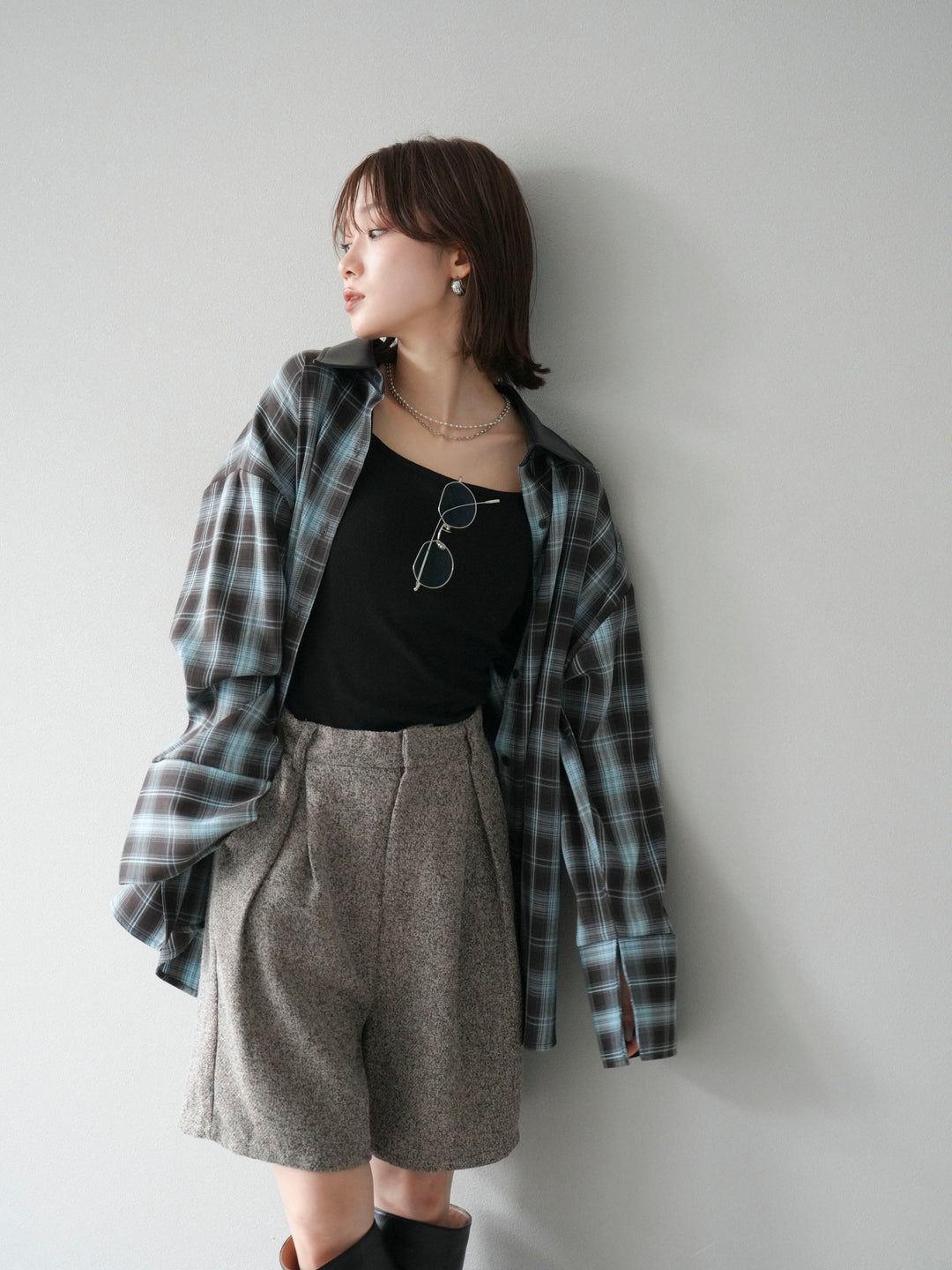 【着回しセット】[SET]レザー襟オンブレチェックオーバーシャツ +クラッシュベロアナロースカート+ツイードハーフパンツ(3set)