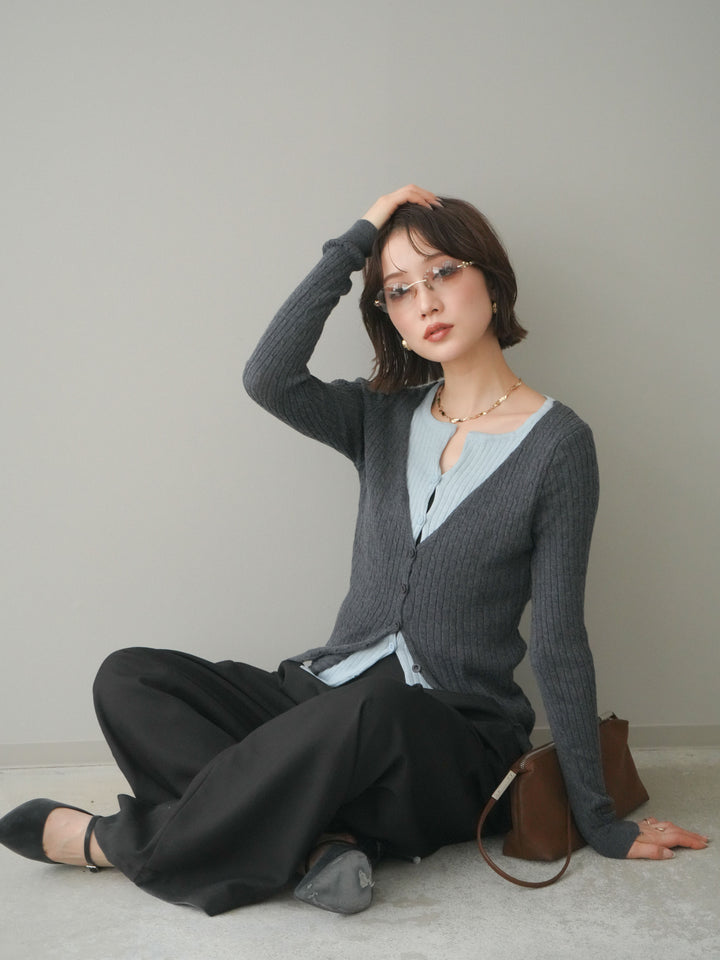 [予約]バイカラーレイヤードニットカーディガン/gray