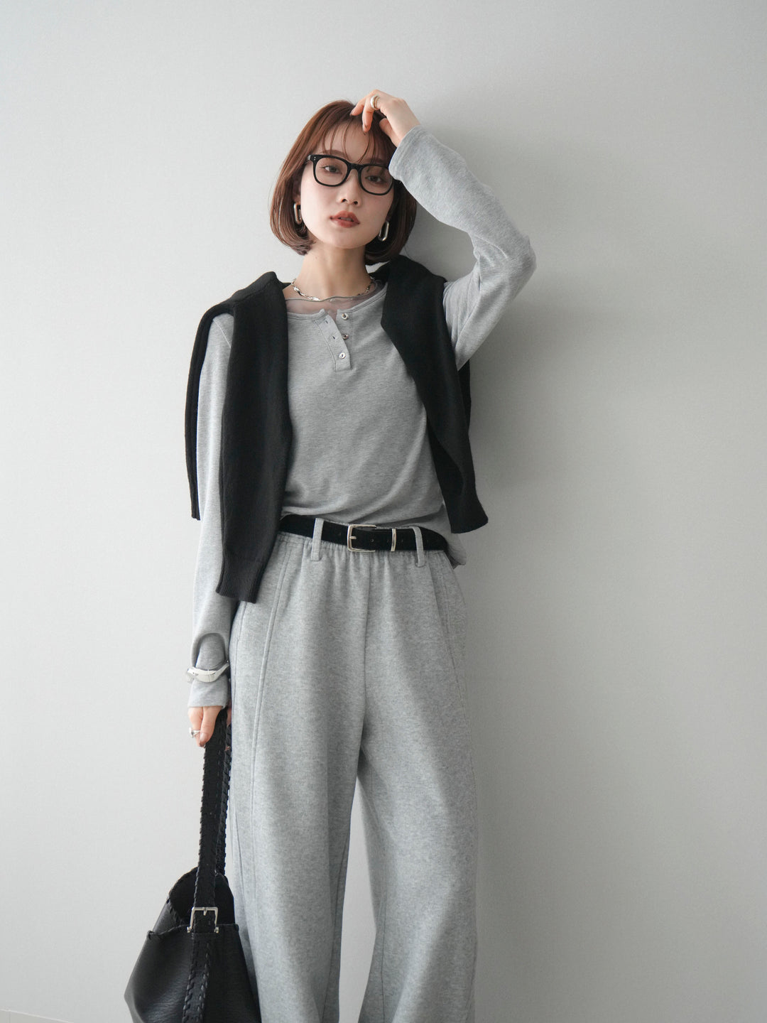 [予約]チュールレイヤードヘンリーネックカットソー/gray