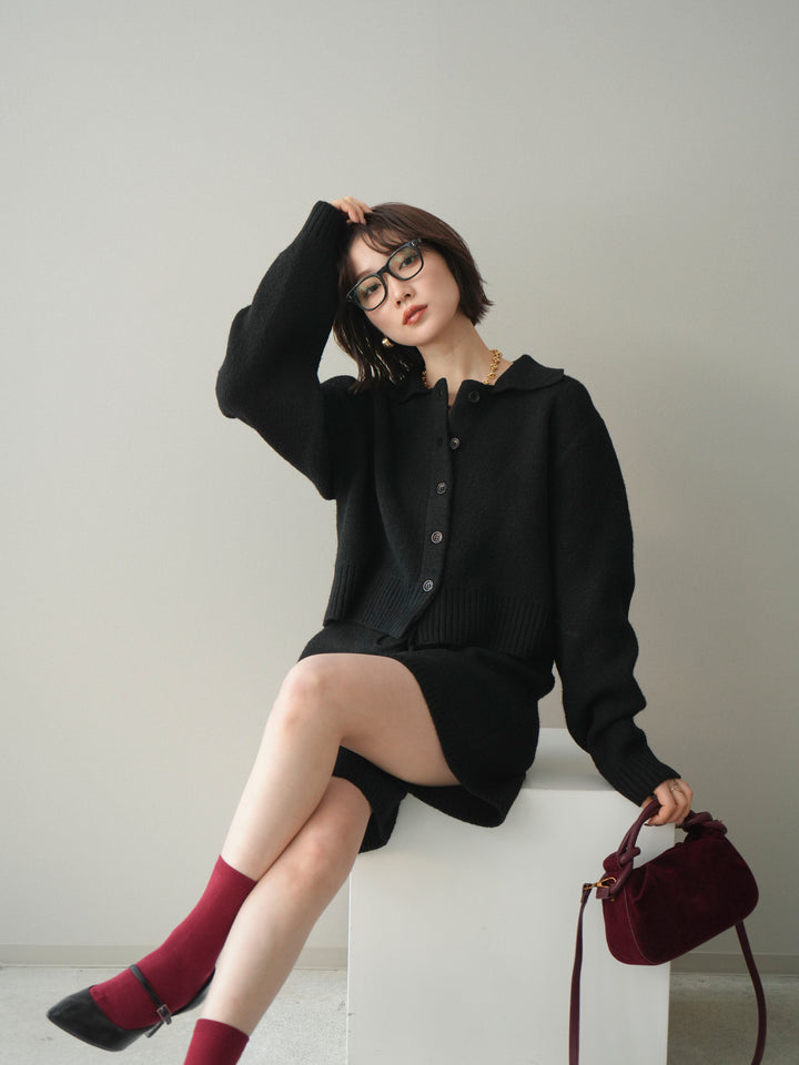 [予約]メランジニット襟付きクロップドカーディガン/black
