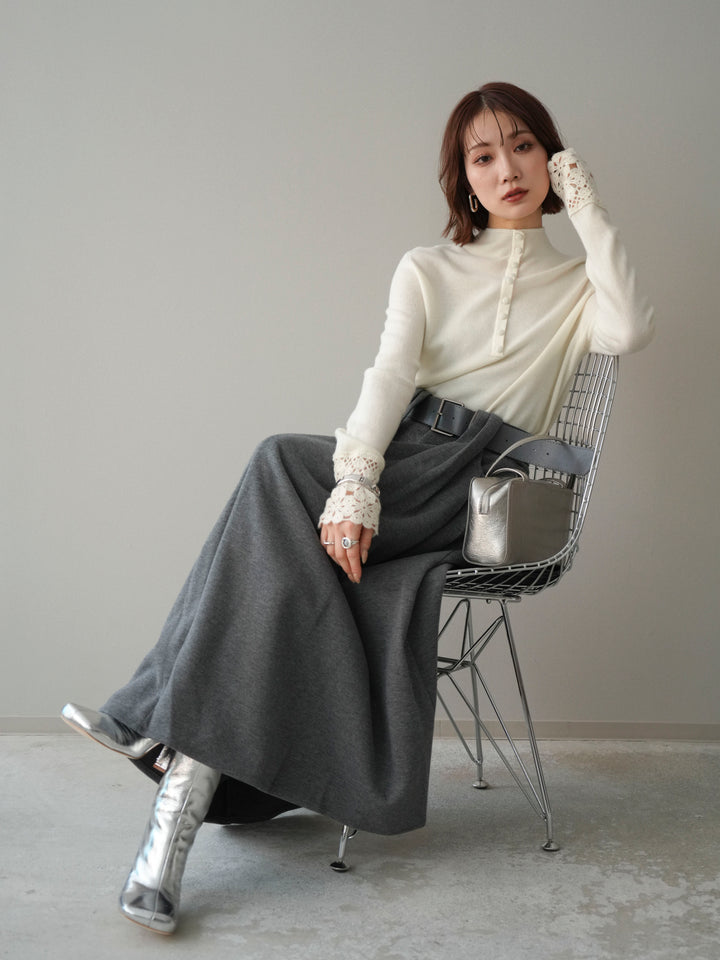 [予約]袖スカラップレースフロントボタンウールニットトップス/white