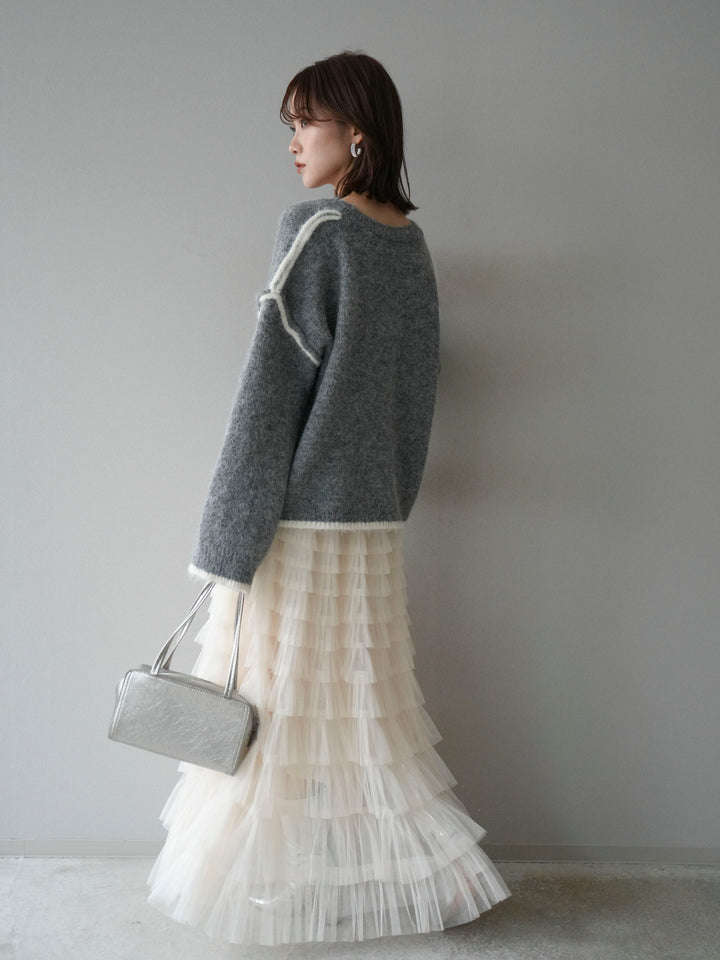 [SET]バイカラーレイヤードデザインニットプルオーバー+チュールティアードスカート(2set)
