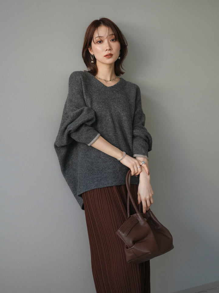 [SET]Vネック配色スリーブニットプルオーバー+選べるアクセセット(2set)