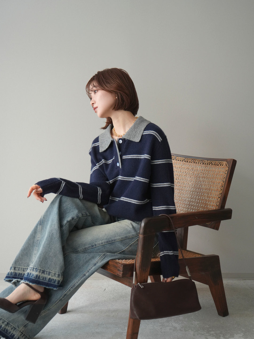 [予約]バイカラーボーダーポロニットプルオーバー/navy