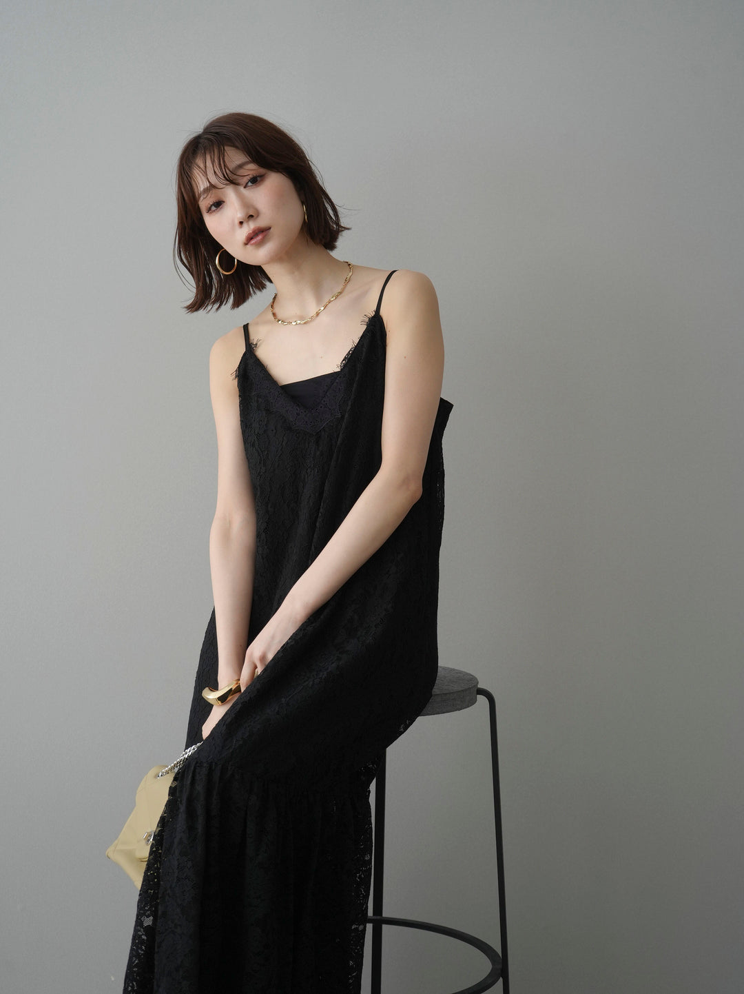 [予約]ギャザー切替レースキャミワンピース/black