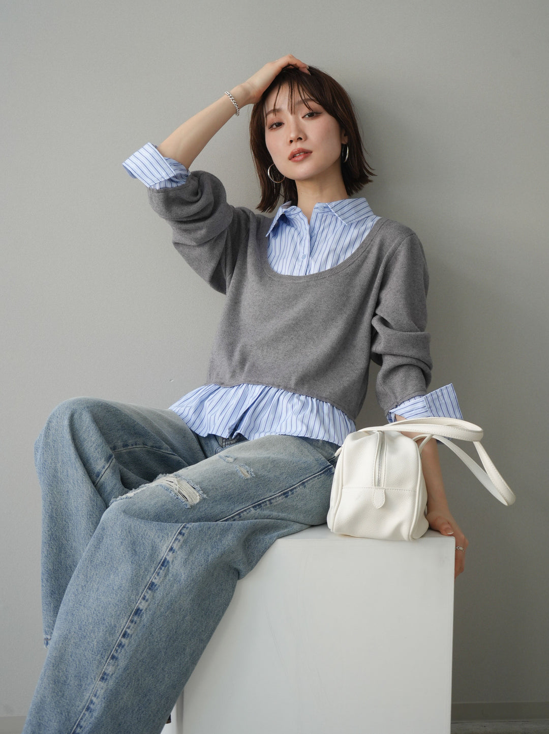 [予約]ストライプシャツUネックドッキングニットプルオーバー/graybluestripeA