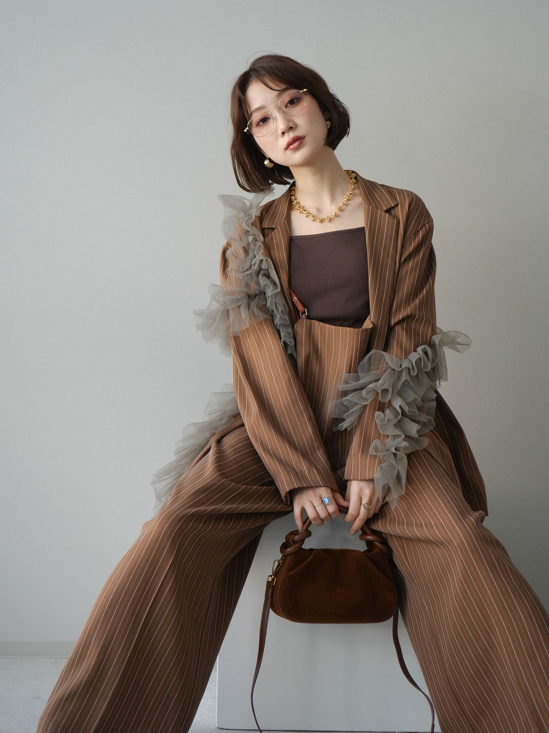 [予約]アシンメトリーチュールストライプジャケット/goldbrown