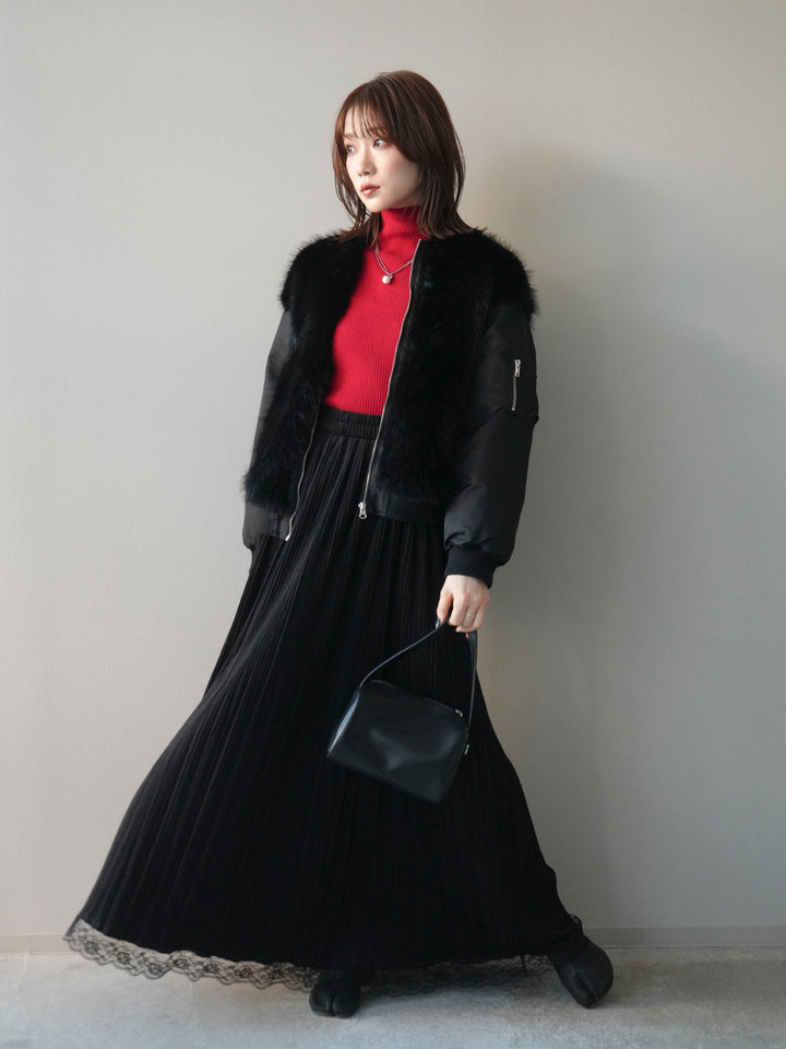 [SET]ファードッキングMA-1+袖ボタンボトルネックリブニットトップス+裾レーススウェードプリーツマキシスカート(3set)