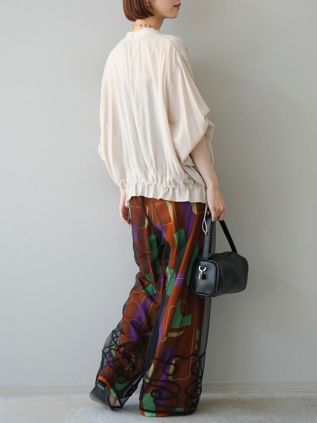 [予約]レーヨンフレックススラブレトロ柄ストレートパンツ/ブラウン