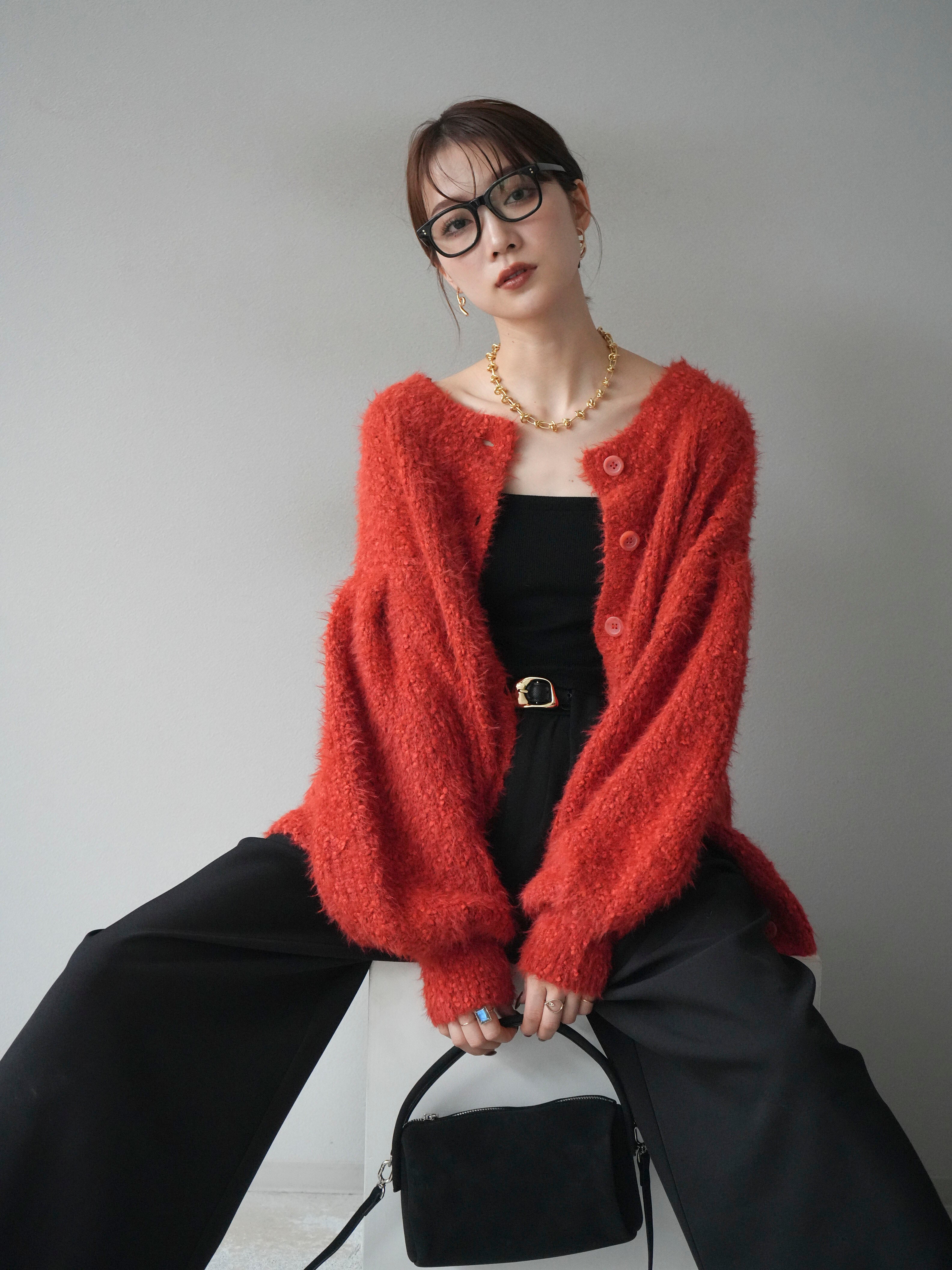 予約]クルーネックランダムシャギーカーディガン/レッド – Lumier