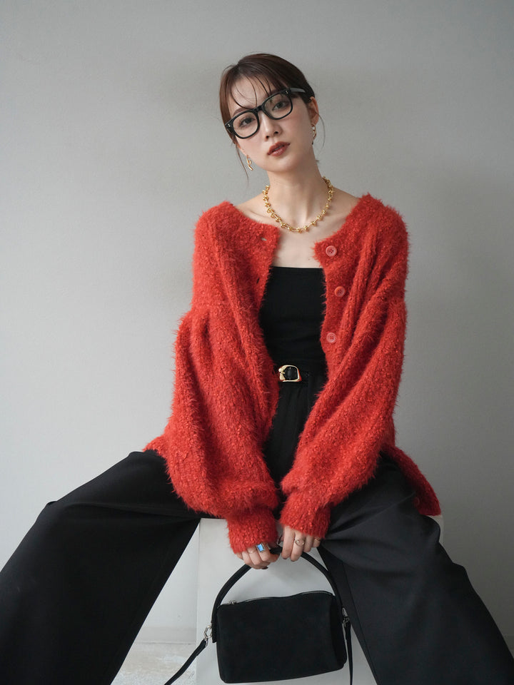 [予約]クルーネックランダムシャギーカーディガン/レッド