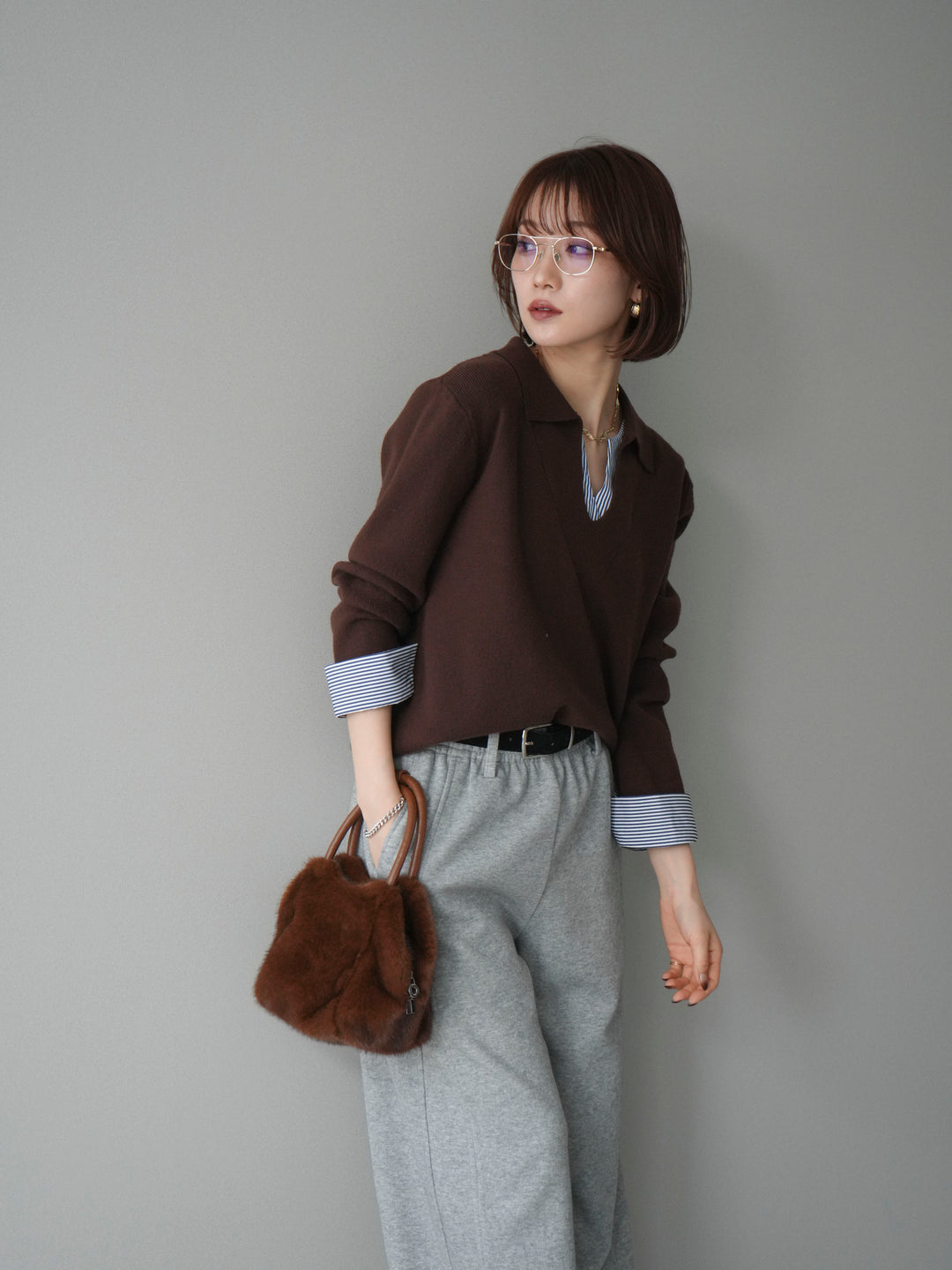 [予約]シャツレイヤードスキッパーニットプルオーバー/brown