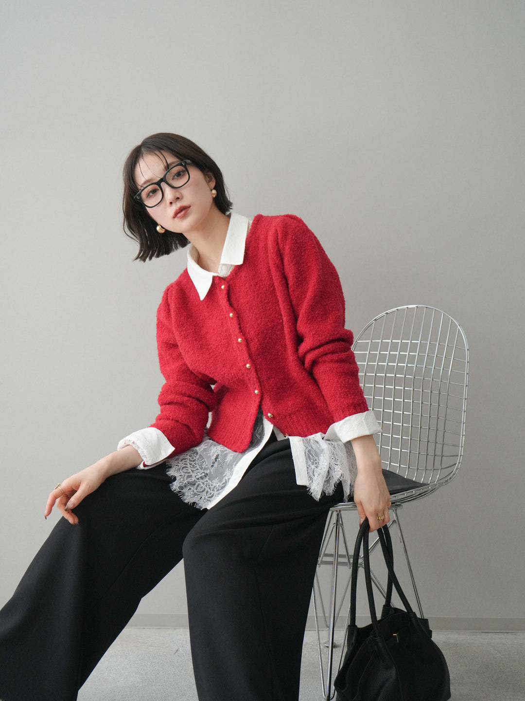 [SET]ゴールドボタンブークレニットカーディガン+総レースボリュームスリーブシャツ(2set)