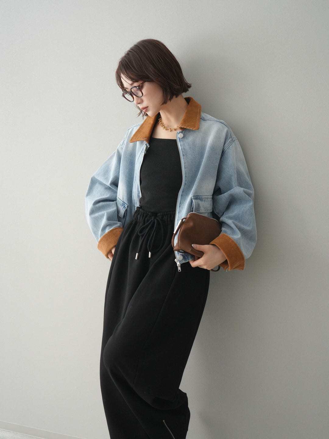 [予約]コーデュロイ×デニムショートカバーオール/bleach