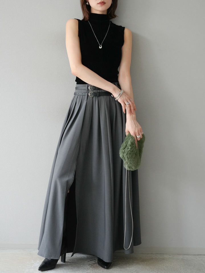 [SET]シアーベロアプチネックノースリーブトップス+エステルプリーツスリットスカート(2set)