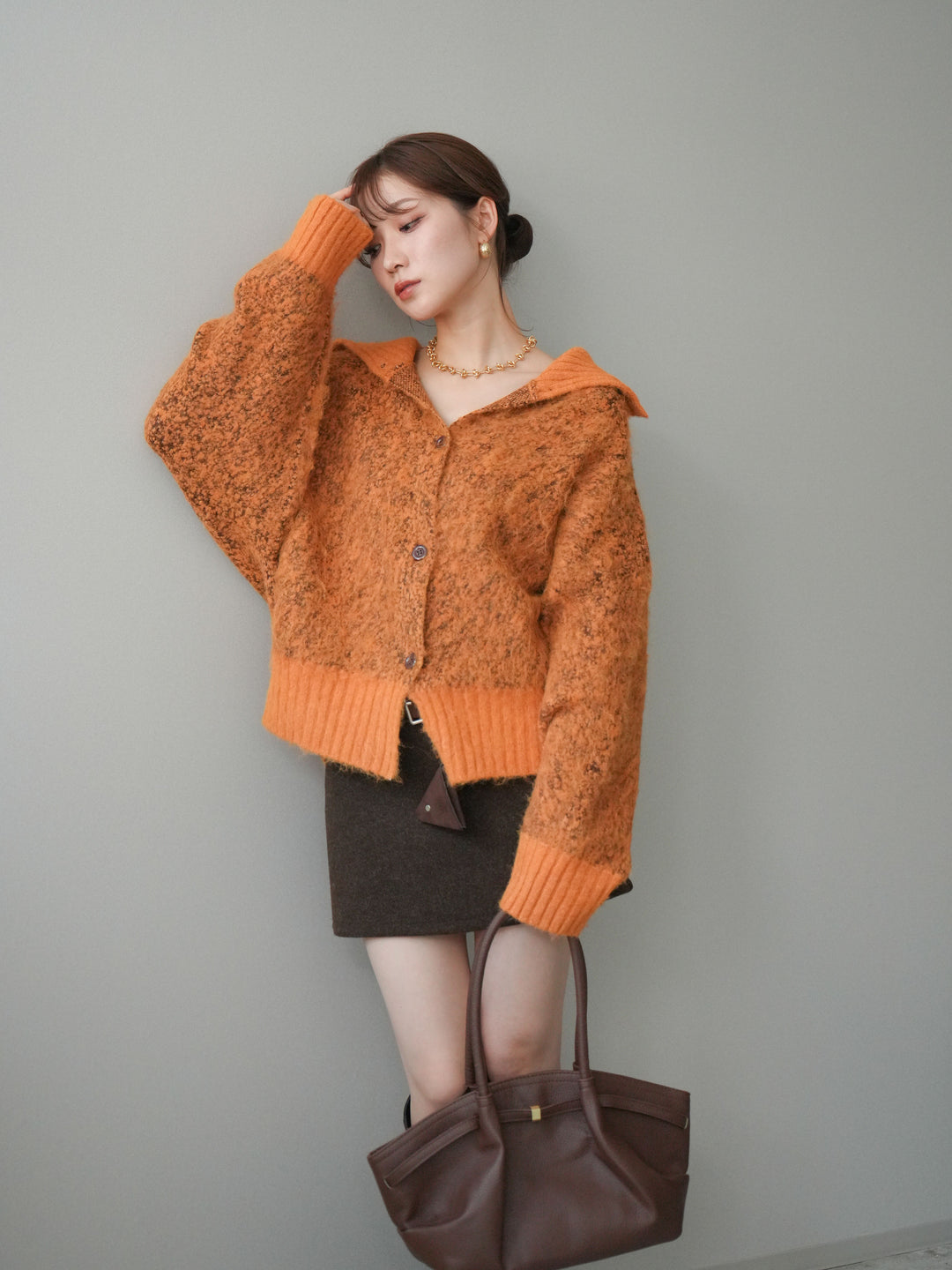 [予約]リブ切替メランジニットカーディガン/orange
