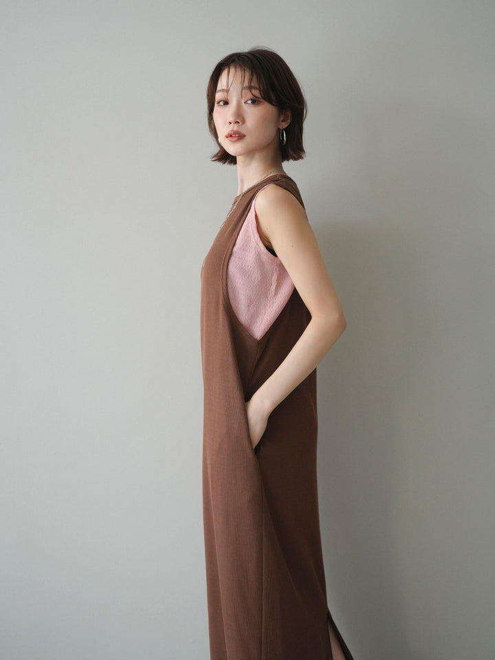 [予約]バイカラーレイヤードノースリーブワンピース/brown