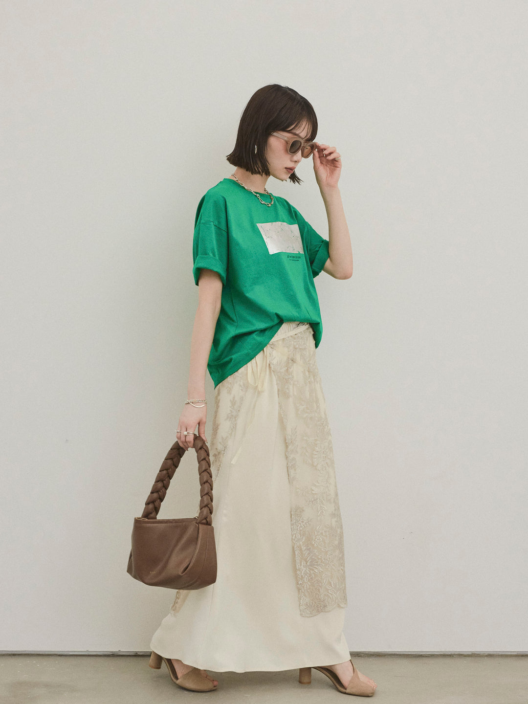 [SET]箔プリントドライタッチコットンTEE +チュールジャガードラップロングスカート(2set)