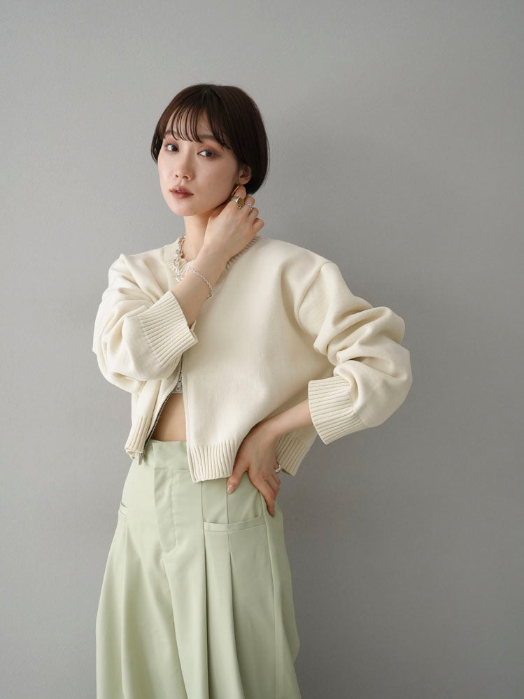 [Pre-order] Double Zip Cropped Knit Cardigan/Ivory