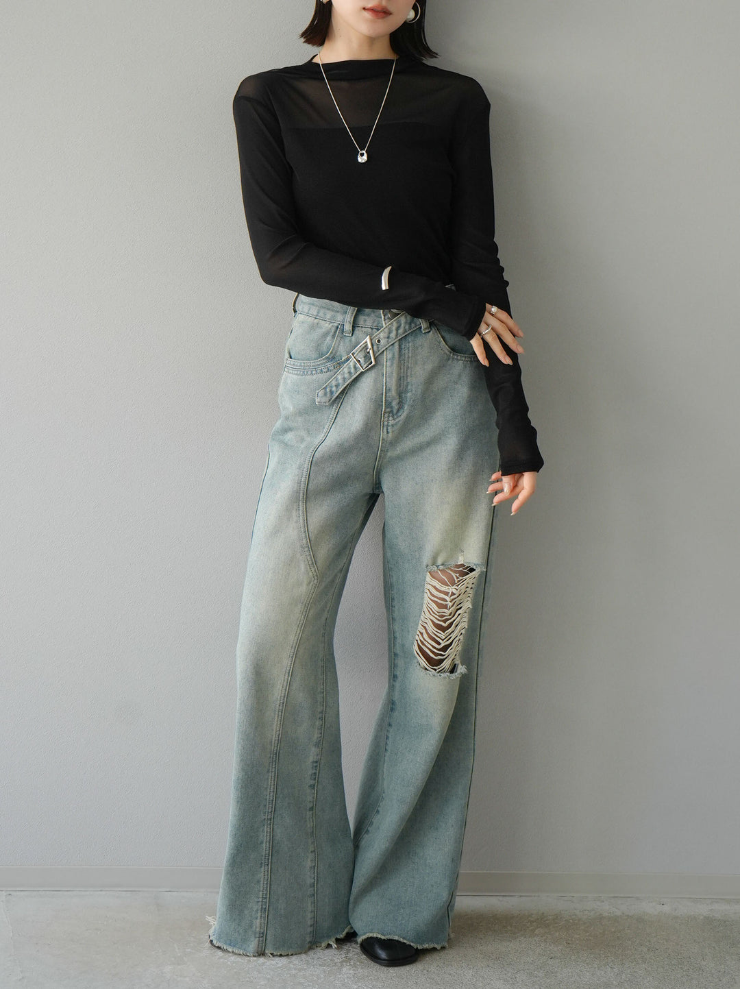 [SET]シアー切替ストレッチ長袖トップス+シアー切替ストレッチトップス(2set)