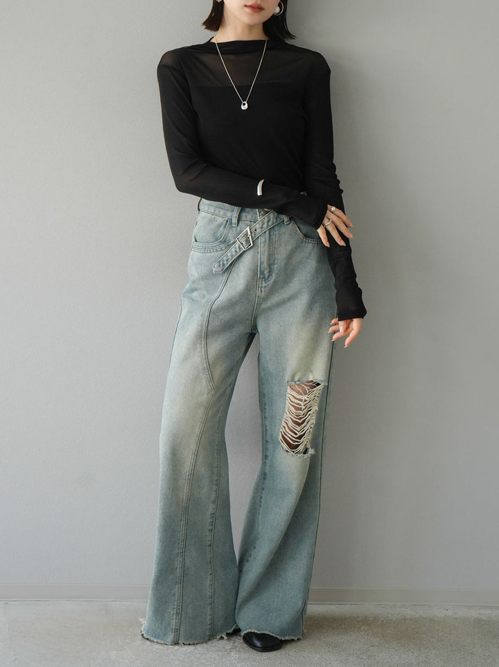 [SET]シアー切替ストレッチ長袖トップス+シアー切替ストレッチトップス(2set)