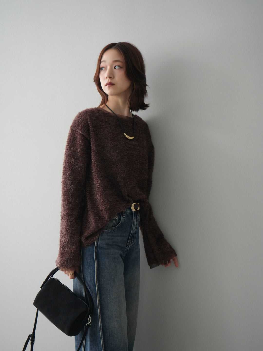 [SET]ラメシャギートップス+サイド切替カーブデニムパンツ(2set)