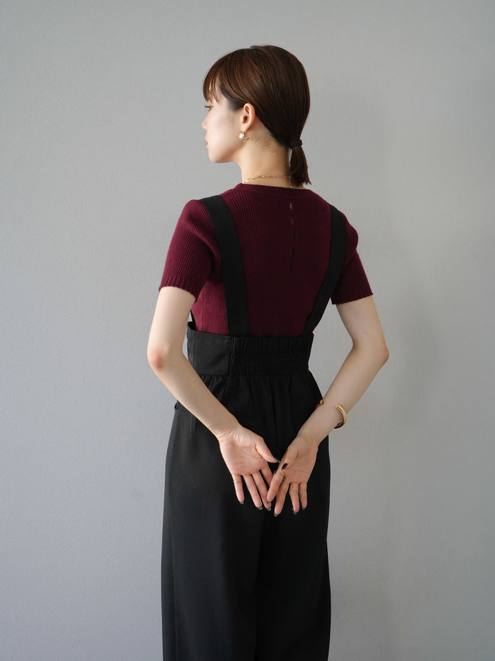 [予約]バックホールハーフスリーブリブニットトップス/ボルドー