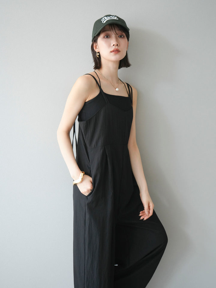[SET]リネンライクビスチェデザインサロペット+ダブルストラップカットリブブラキャミソール(2set)