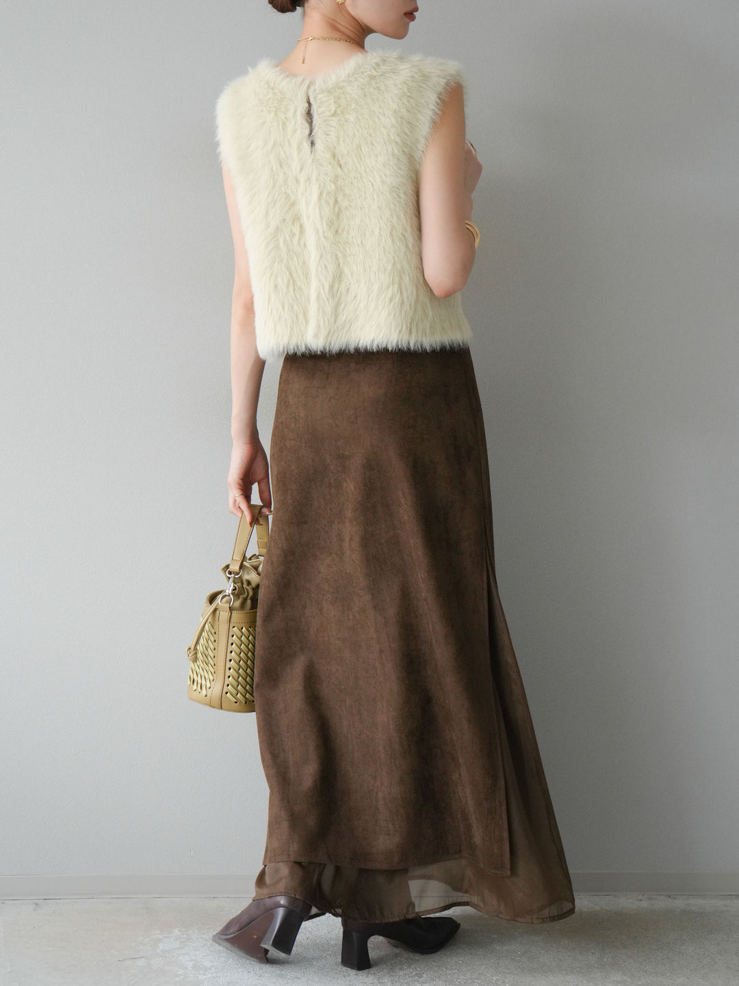 [予約]サイドスリットスウェードドッキングシフォンスカート/ブラウン