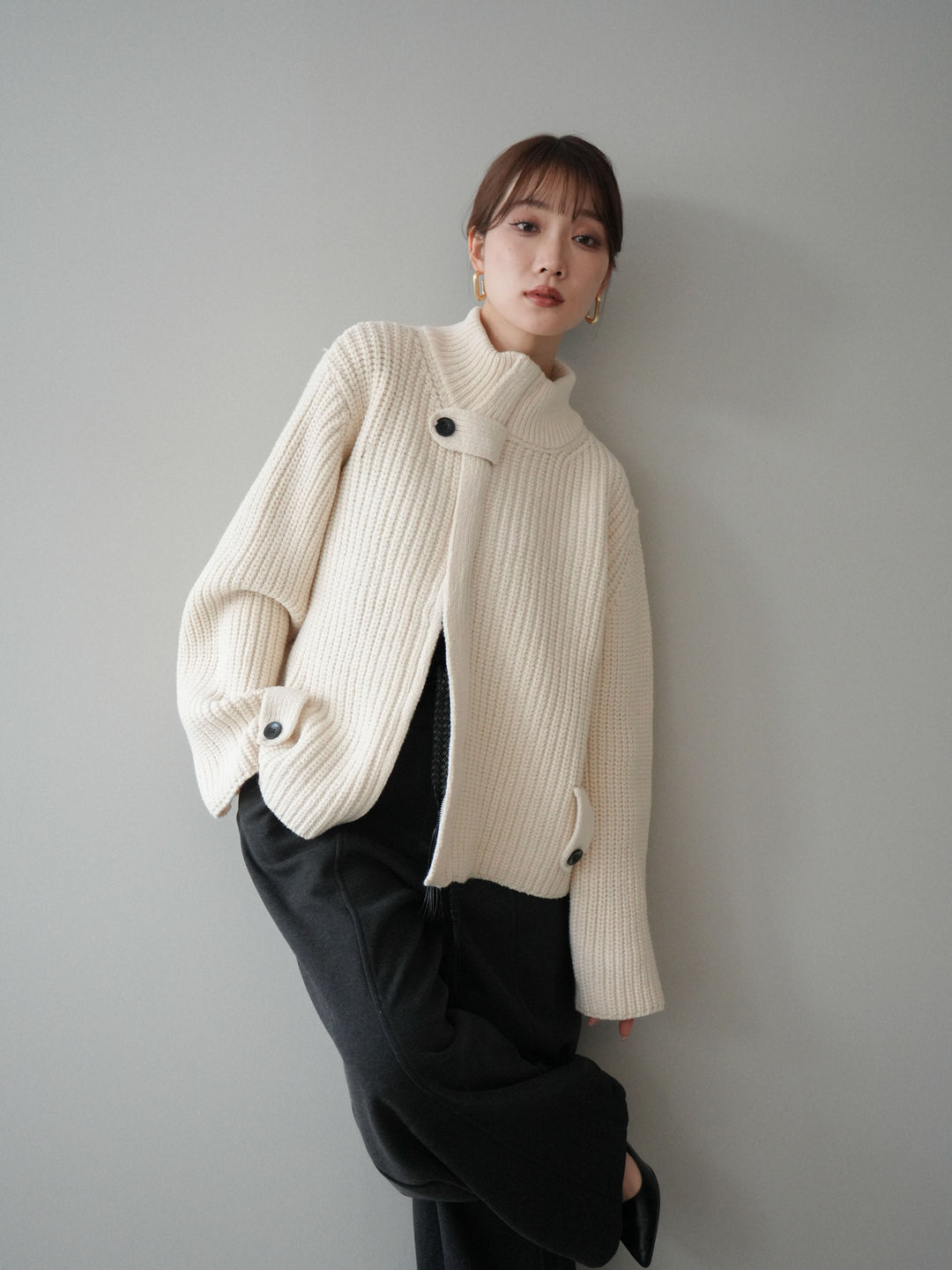 [SET]畦編みボトルネックZIPニットカーディガン+畦編みボトルネックZIPニットカーディガン(2set)