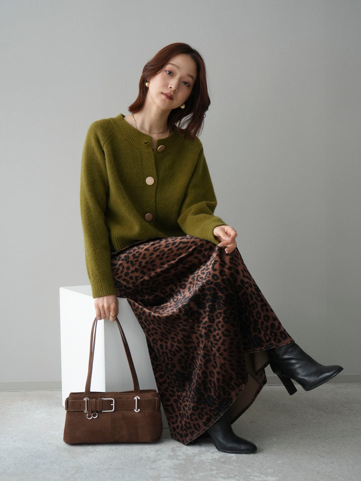 [SET]BIGボタンニットカーディガン+レオパードベロアナロースカート(2set)