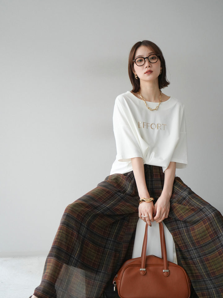 [套裝] 不同材質金屬標誌刺繡 x 印花T卹 + 透視格紋寬鬆褲（2 件套）