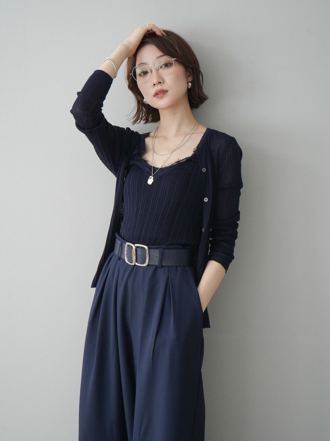 [予約]インナーレースキャミソール＆カーディガンアンサンブル/navy