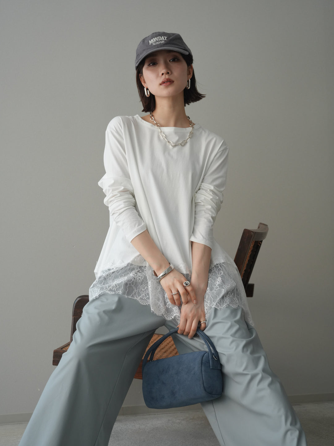 [SET]裾レースロングスリーブTシャツ+選べるアクセセット(2set)
