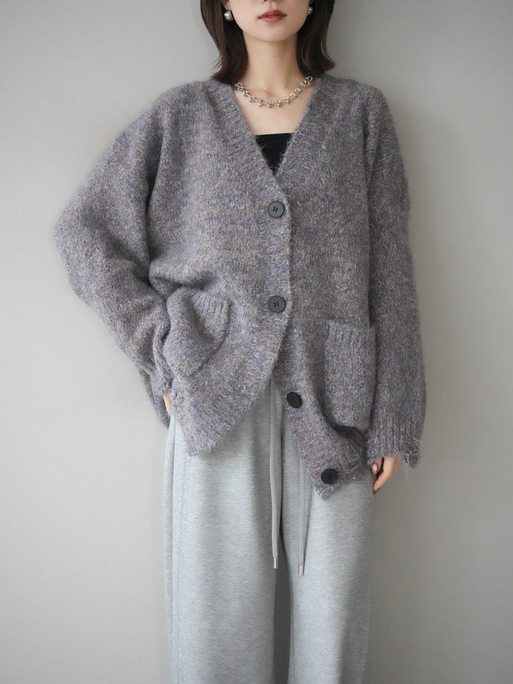 [予約]ミックスヤーンVネックオーバーニットカーディガン/purple