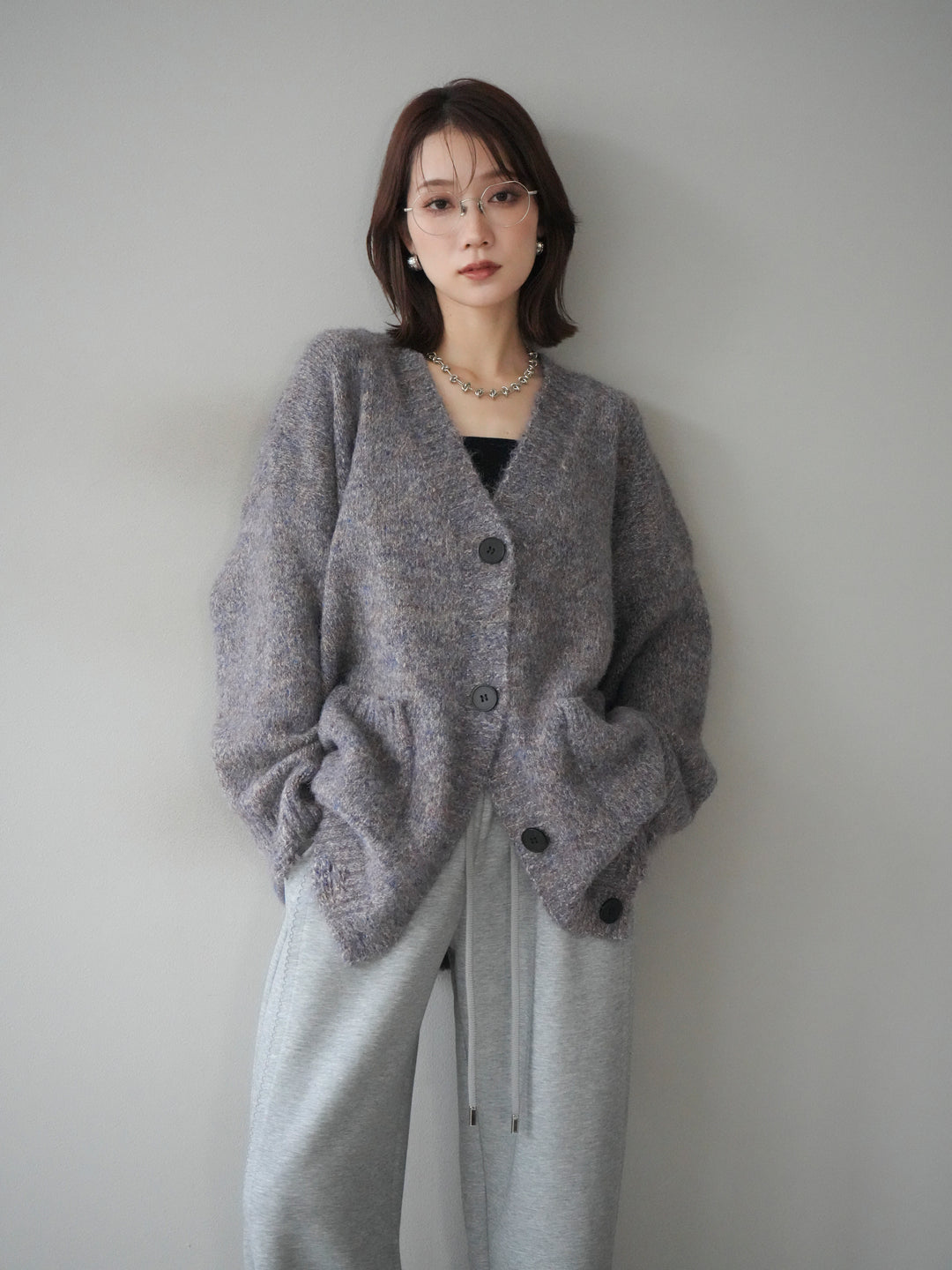 [予約]ミックスヤーンVネックオーバーニットカーディガン/purple